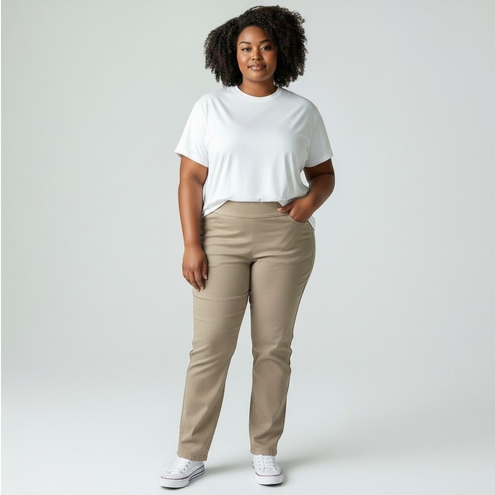 KRAZY LARRY Womens Khaki Ankle Pull On Stretch High Rise Pants 14 Preppy Neutral